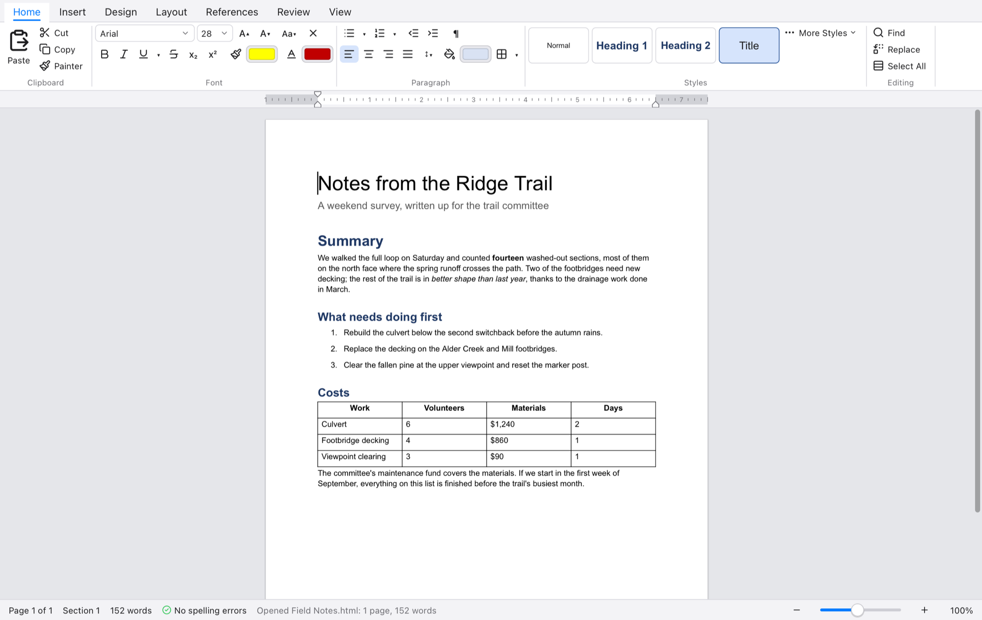 Quill showing a report with a title, headings, a numbered list and a table, under a ribbon of formatting tools